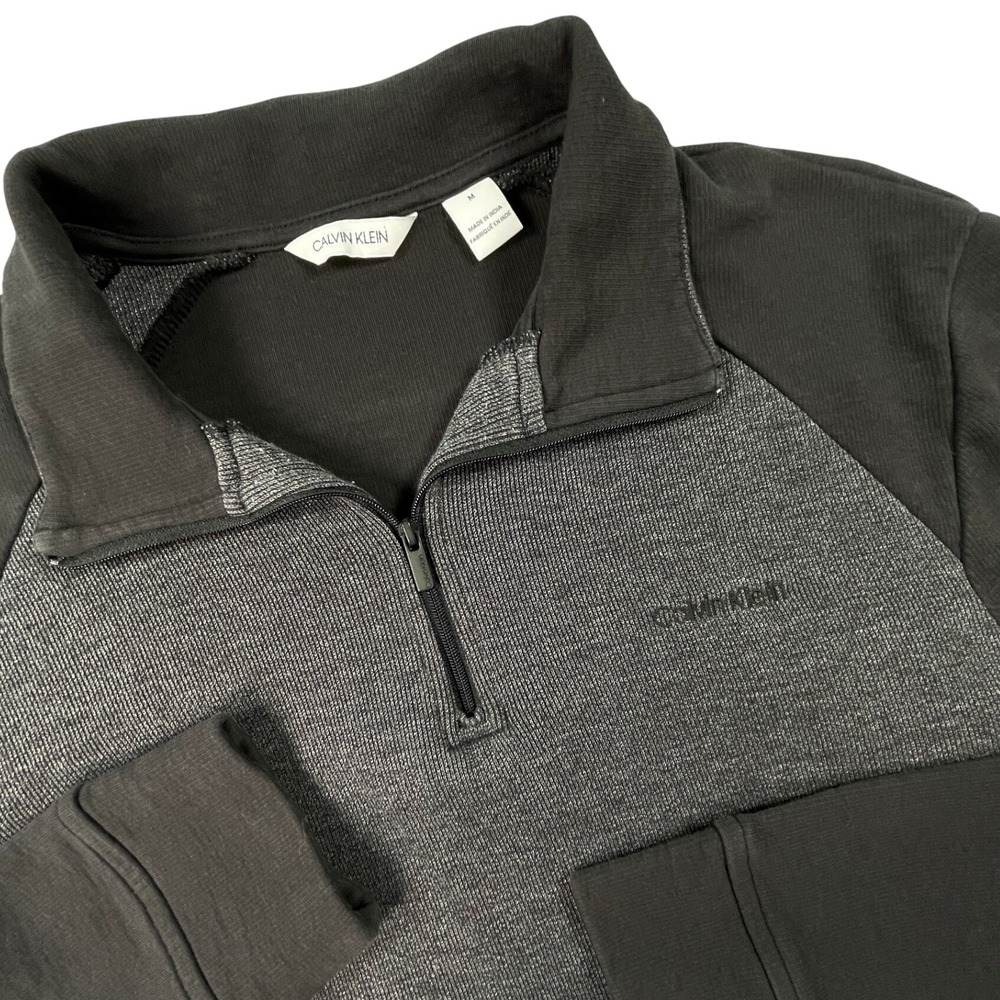 Calvin Klein Pullover Mens M Gray Black 1/4 Zip Textured Raglan Long Sleeve Top